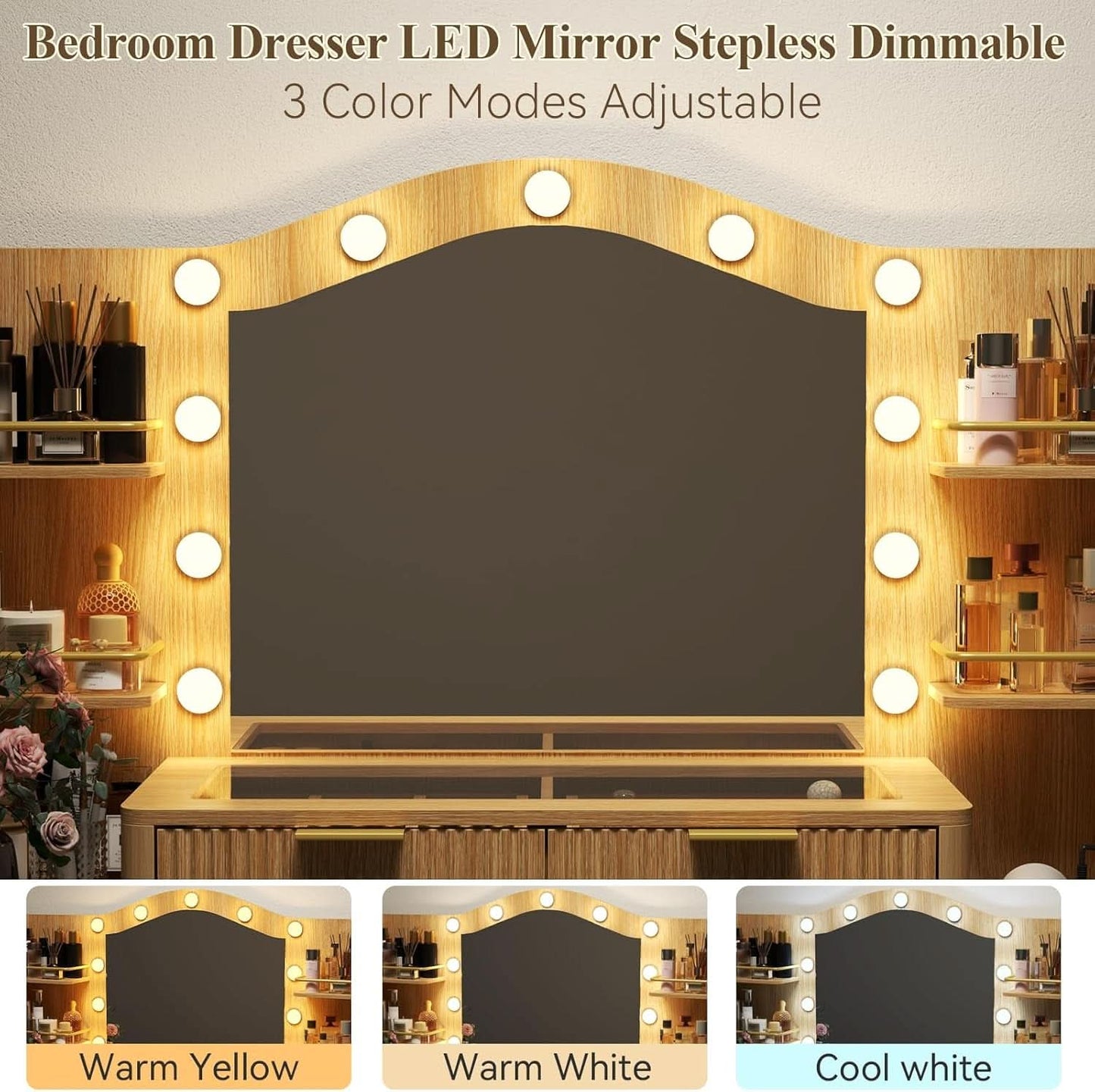 Fifty FiveInch Oak Vanity Desk With Mirror Lighting - mymaison