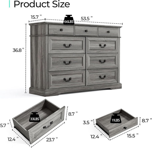 Grey 9-Drawer SolidWood Dresser For Bedroom Storage - mymaison