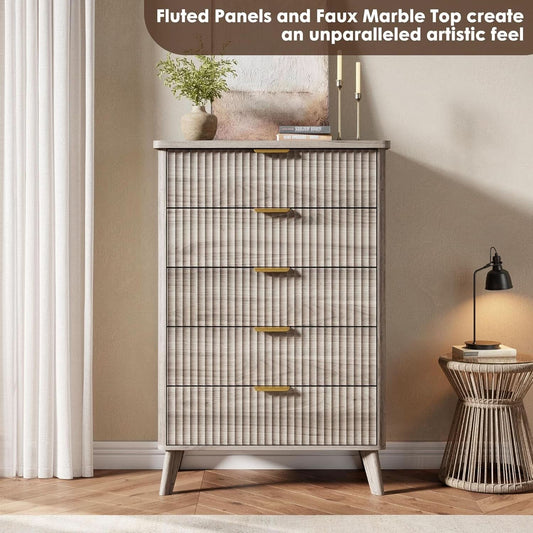 Grey Fluted Contemporary Five Drawer Bedroom Dresser - mymaison