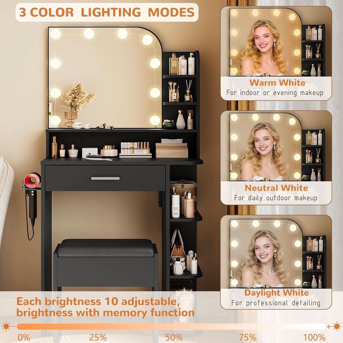 Makeup Vanity Desk With Adjustable Lighting Mirrors - mymaison