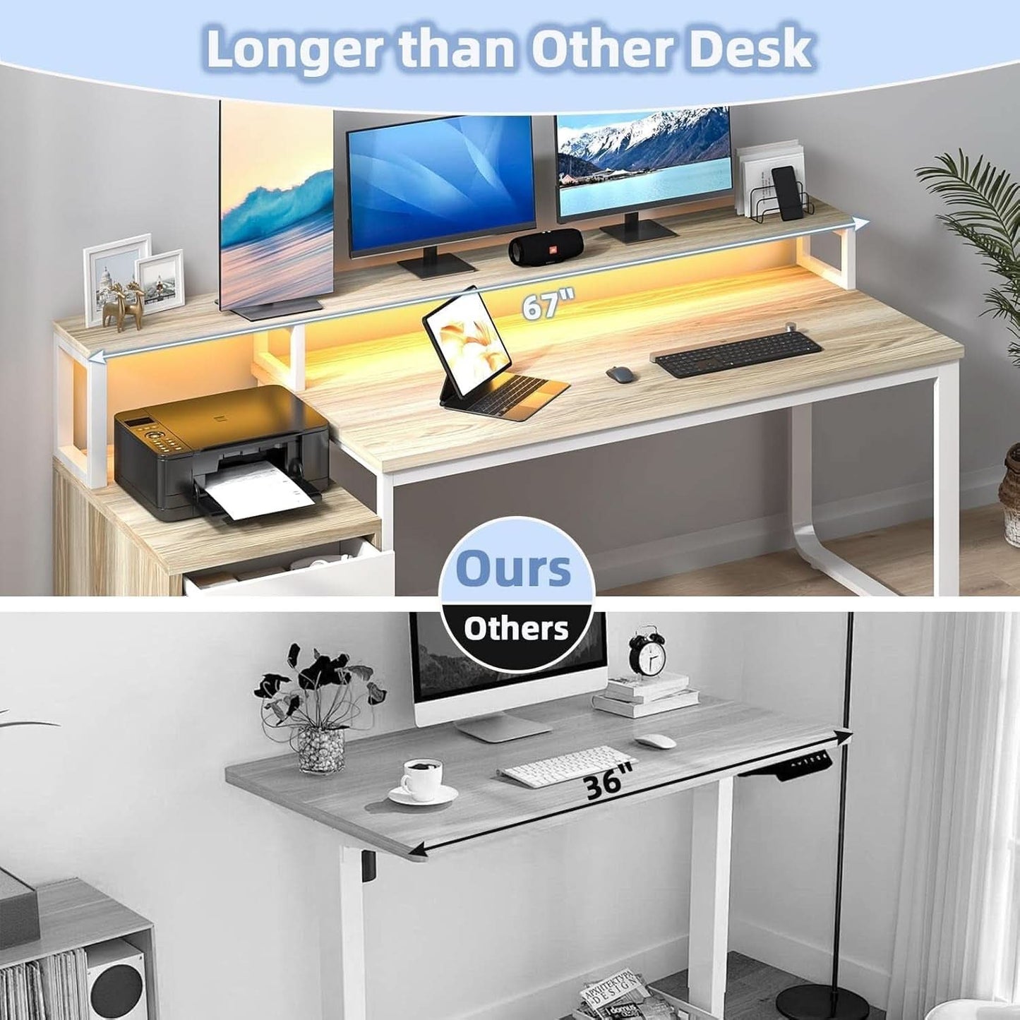 67 nch White Walnut Computer Desk With LED Lighting - mymaison