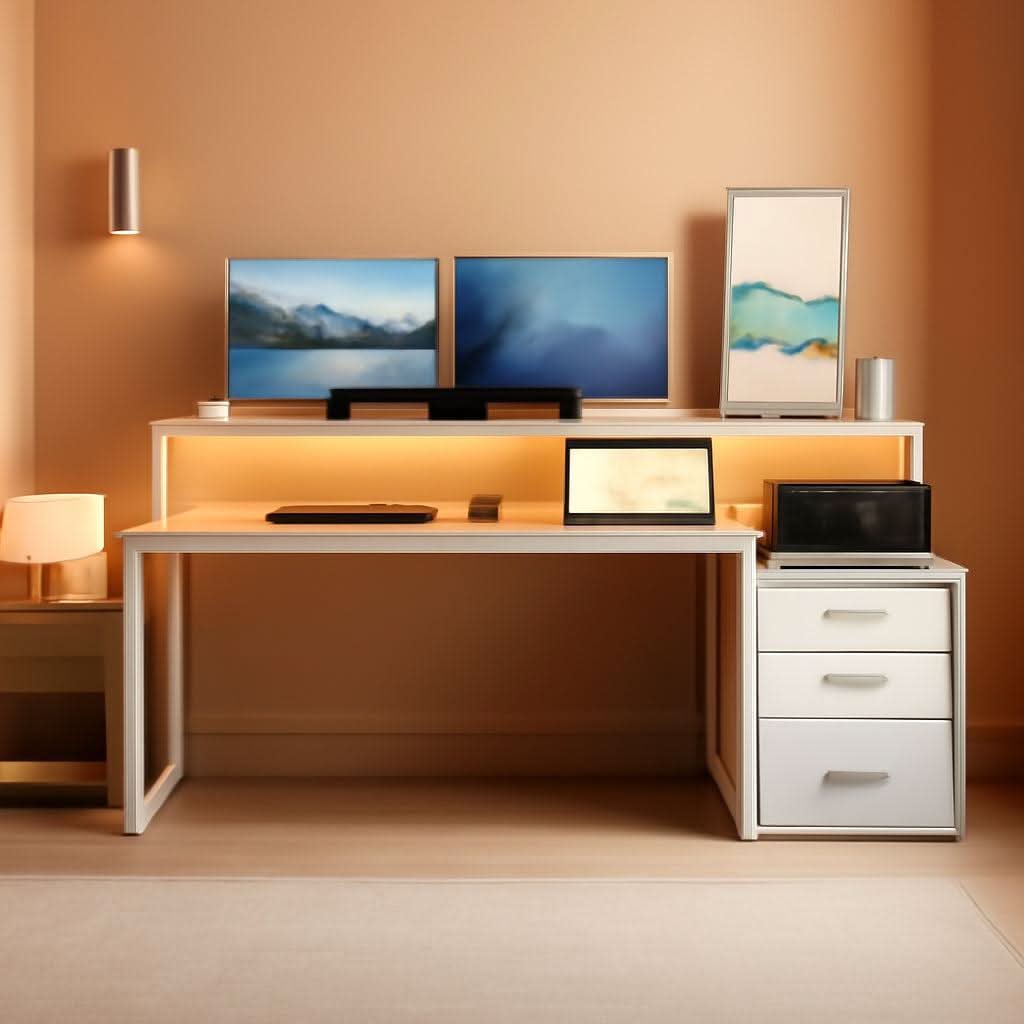 67 nch White Walnut Computer Desk With LED Lighting - mymaison