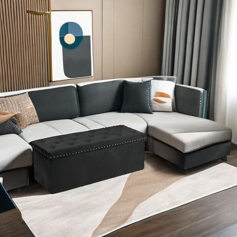 Black Premium Velvet Storage Ottoman Bench Bedroom - mymaison