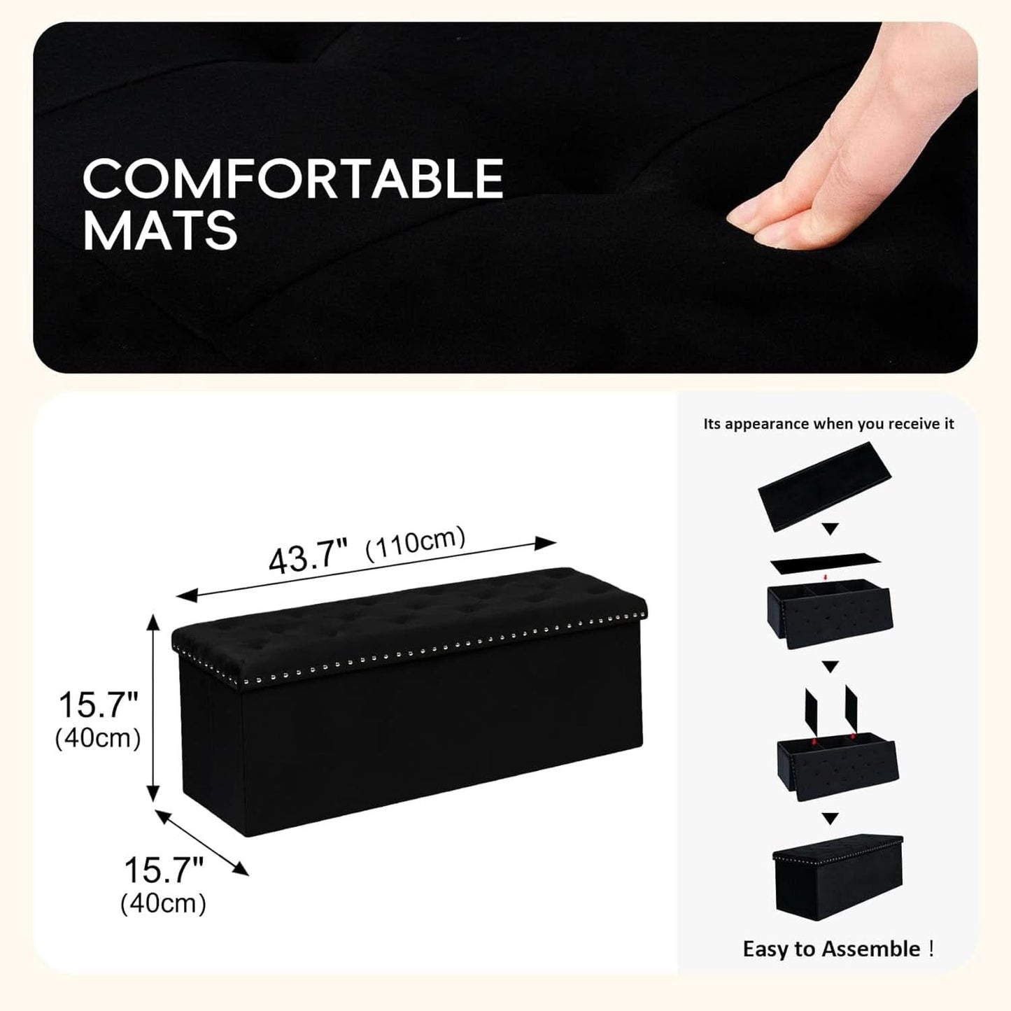 Black Premium Velvet Storage Ottoman Bench Bedroom - mymaison