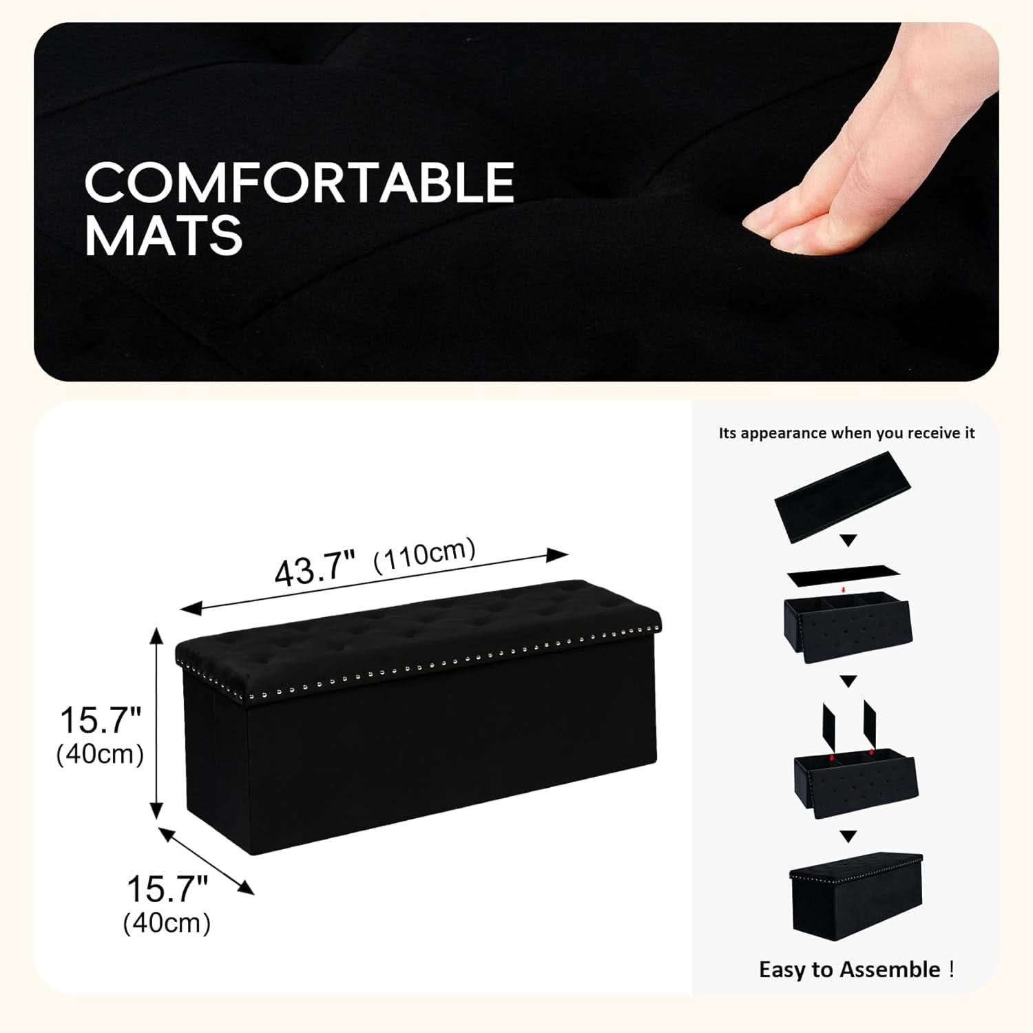 Black Premium Velvet Storage Ottoman Bench Bedroom - mymaison