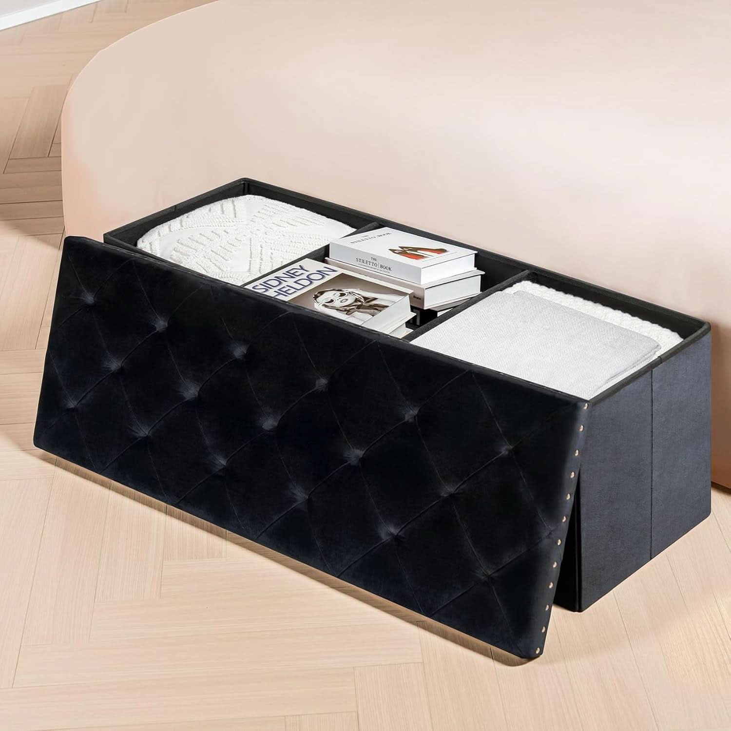 Black Premium Velvet Storage Ottoman Bench Bedroom - mymaison