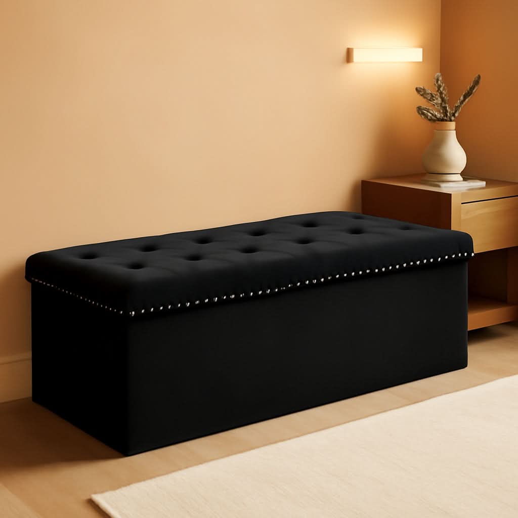 Black Premium Velvet Storage Ottoman Bench Bedroom - mymaison