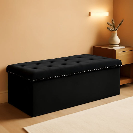 Black Premium Velvet Storage Ottoman Bench Bedroom - mymaison