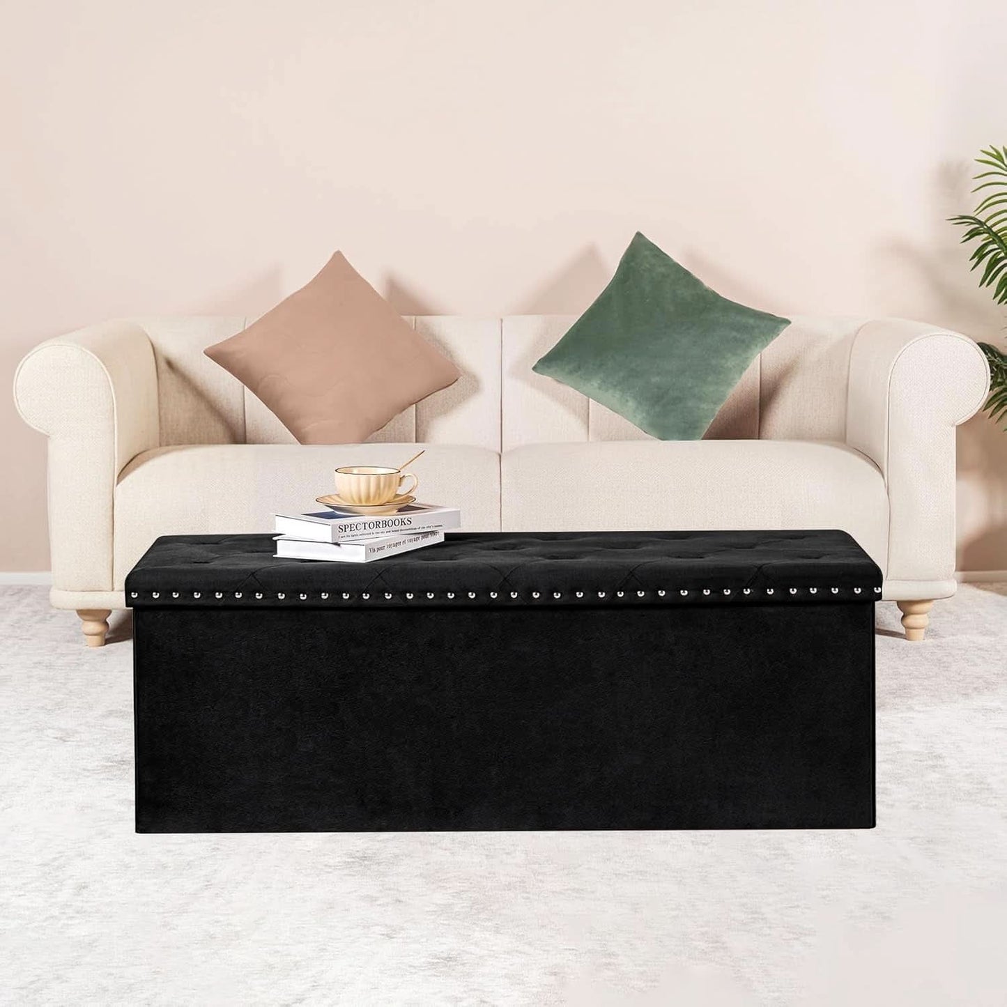 Black Premium Velvet Storage Ottoman Bench Bedroom - mymaison