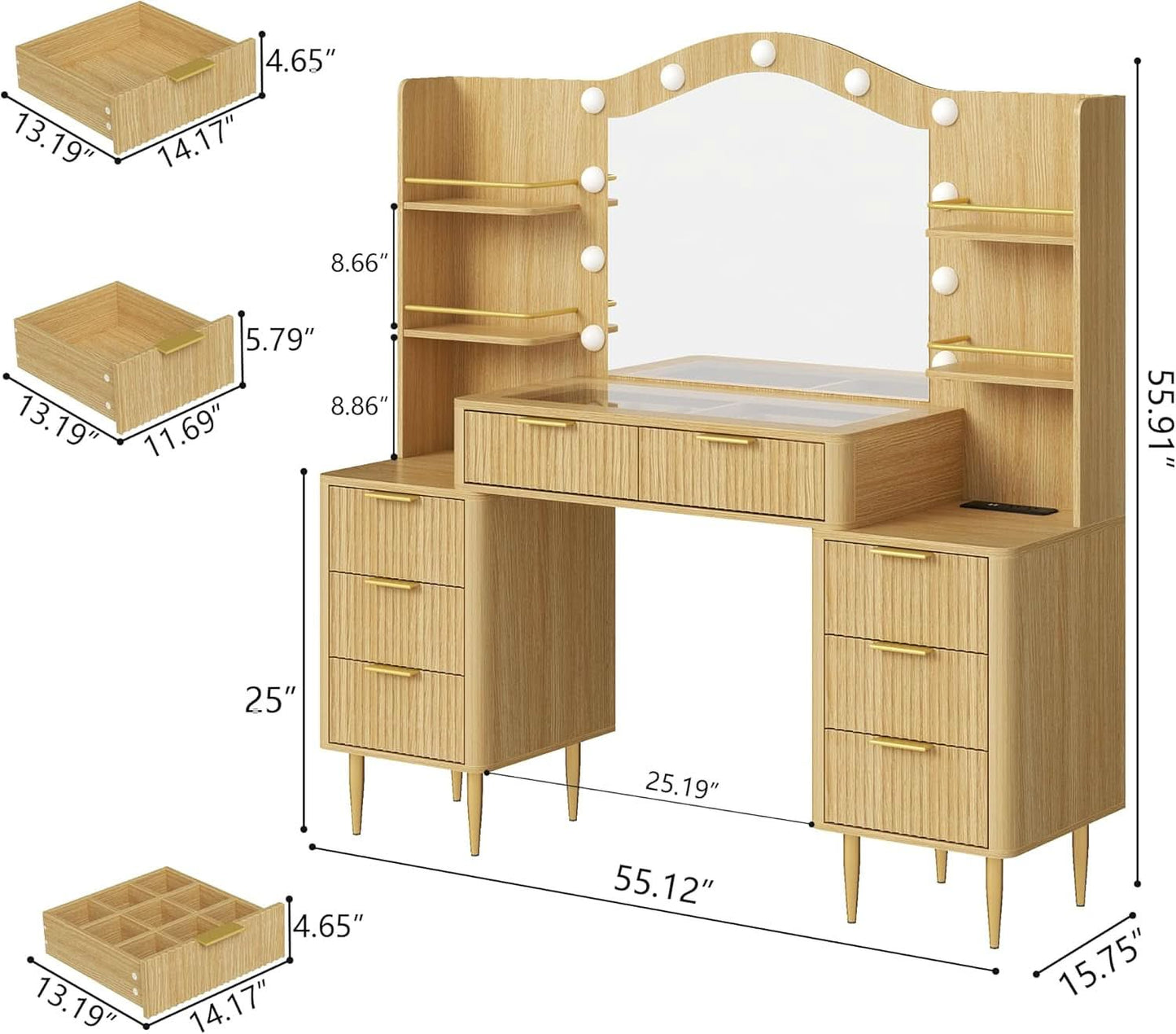 Fifty FiveInch Oak Vanity Desk With Mirror Lighting - mymaison