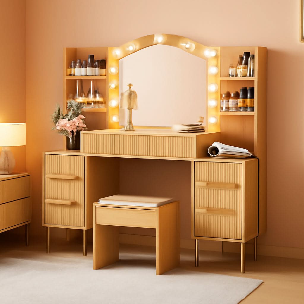 Fifty FiveInch Oak Vanity Desk With Mirror Lighting - mymaison