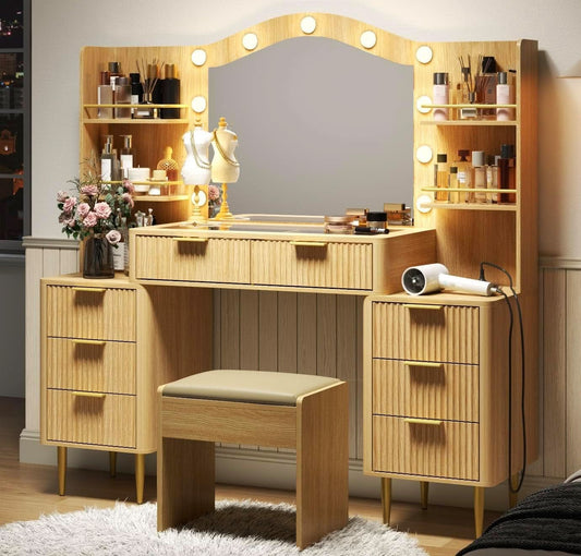 Fifty FiveInch Oak Vanity Desk With Mirror Lighting - mymaison