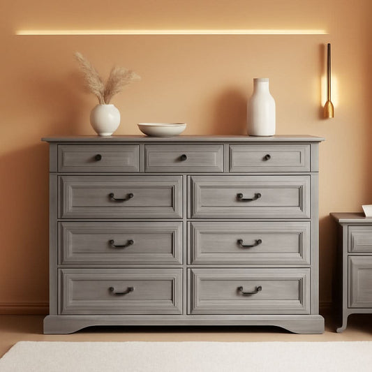 Grey 9-Drawer SolidWood Dresser For Bedroom Storage - mymaison