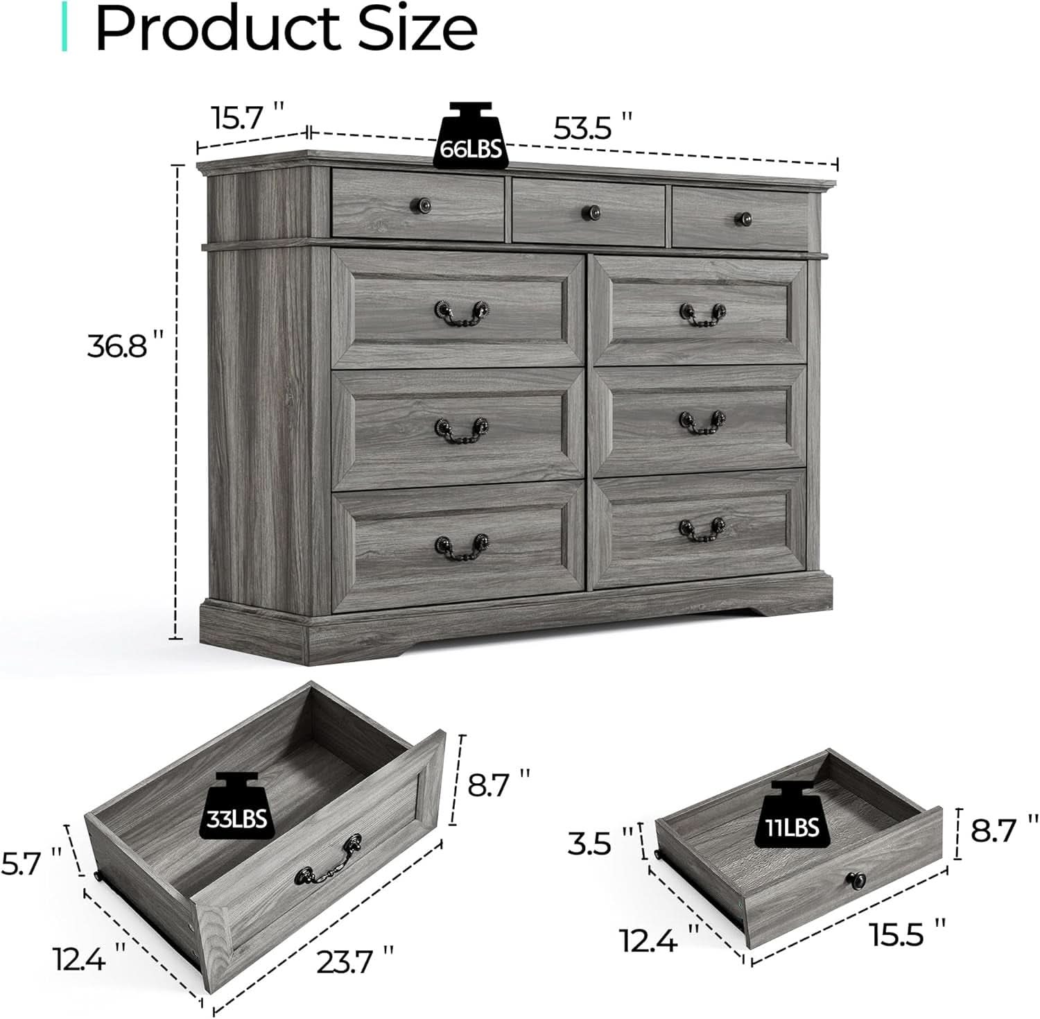Grey 9-Drawer SolidWood Dresser For Bedroom Storage - mymaison