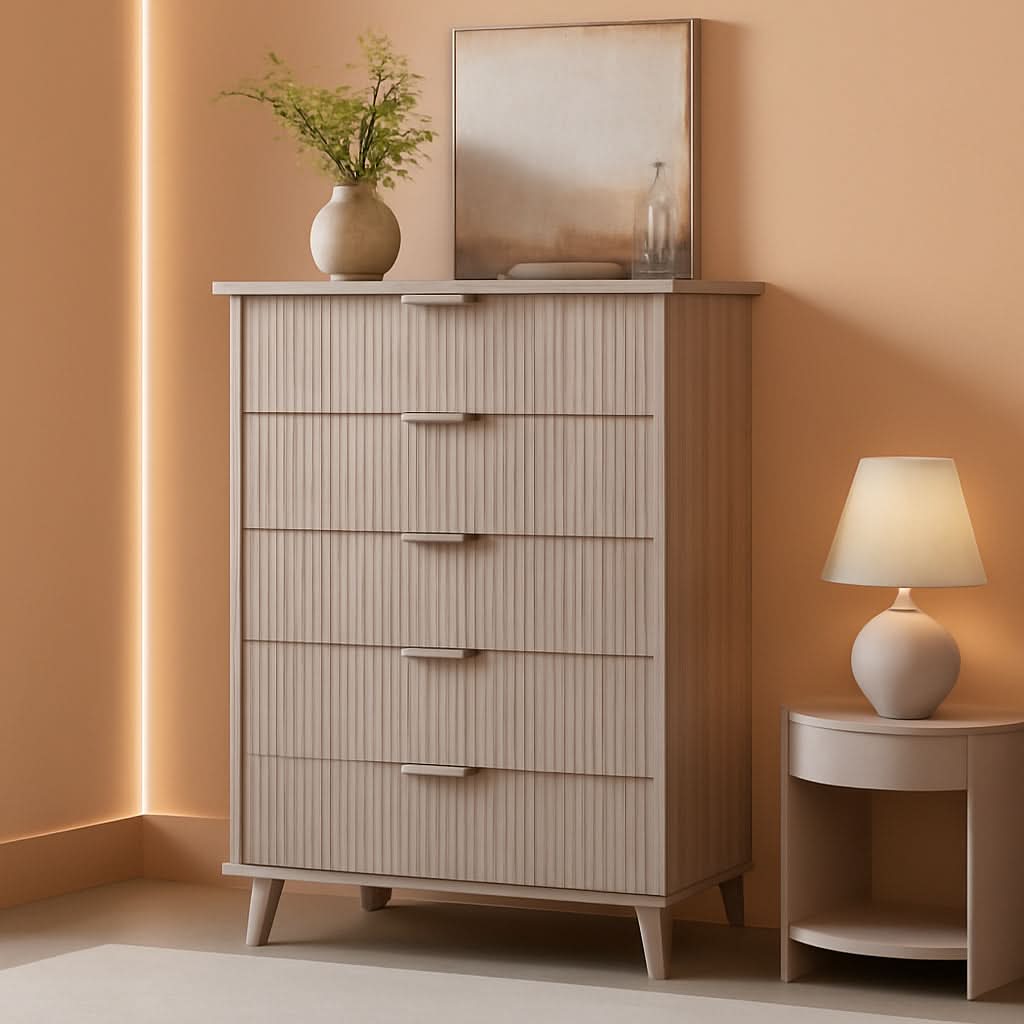Grey Fluted Contemporary Five Drawer Bedroom Dresser - mymaison