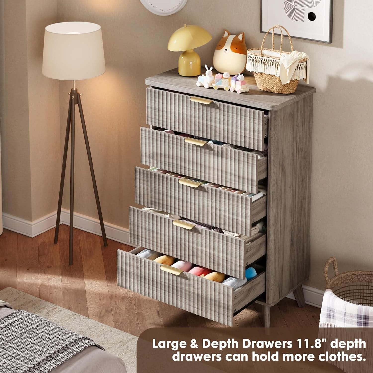 Grey Fluted Contemporary Five Drawer Bedroom Dresser - mymaison