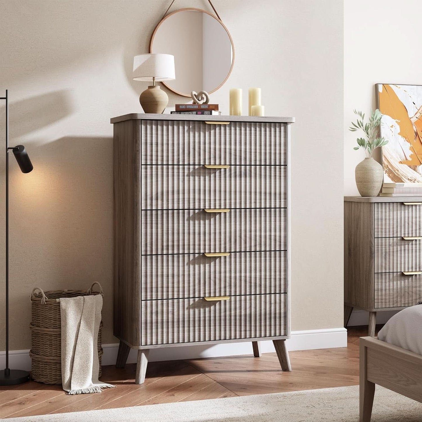 Grey Fluted Contemporary Five Drawer Bedroom Dresser - mymaison