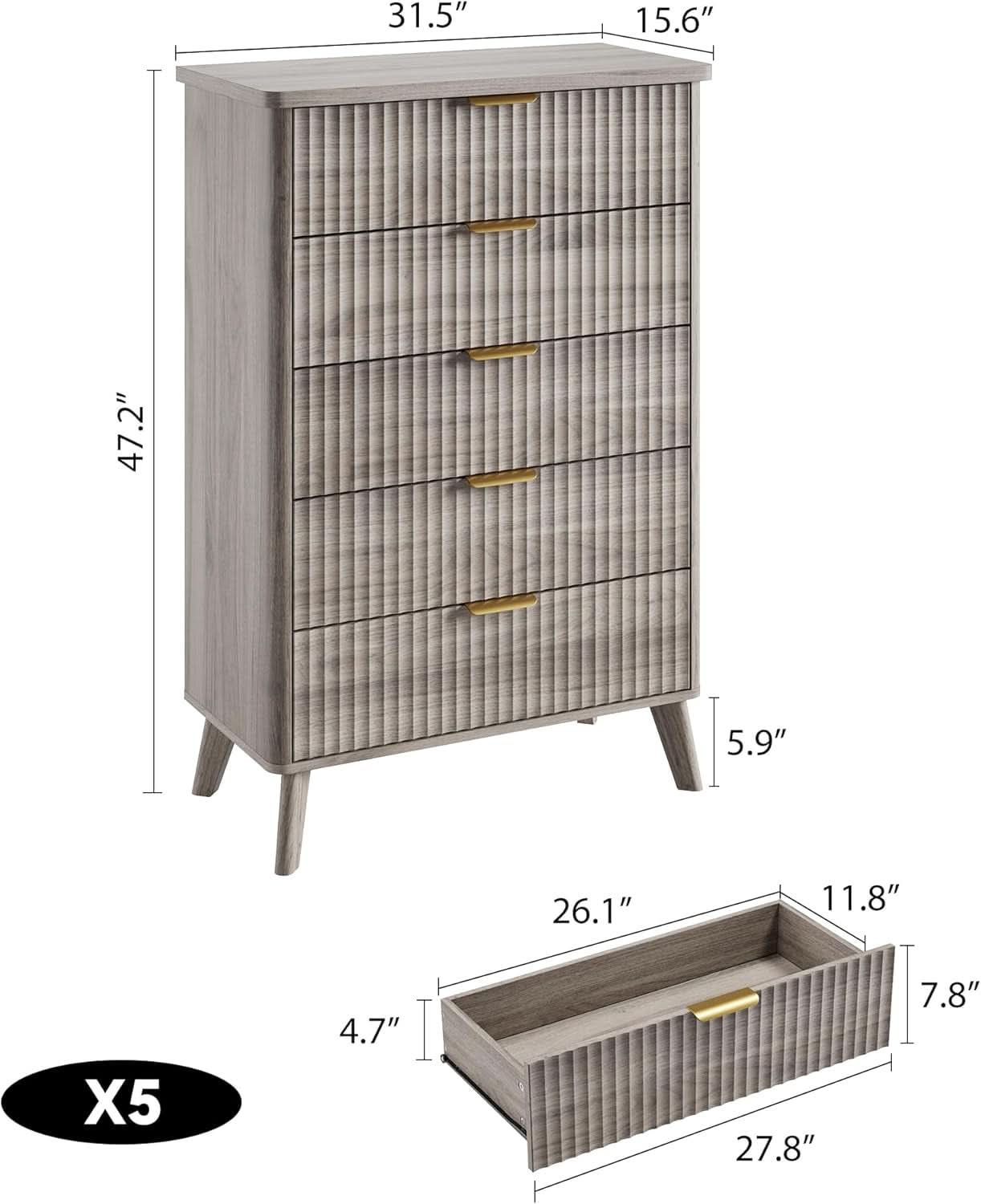 Grey Fluted Contemporary Five Drawer Bedroom Dresser - mymaison