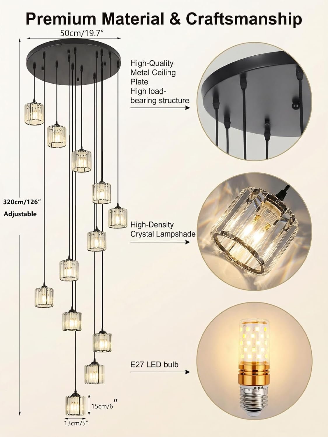 Matte Black Crystal Pendant Chandelier Lighting Fixture - mymaison