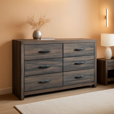 Rusticated Six Drawer Dresser Weathered Brown Bedroom - mymaison