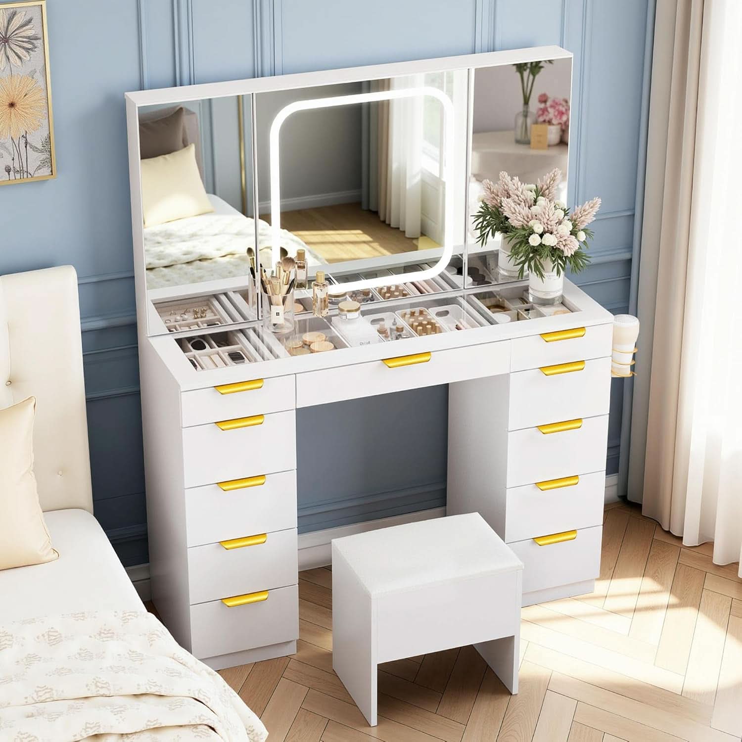 White Glass Top Vanity Desk With Integrated Lighting - mymaison