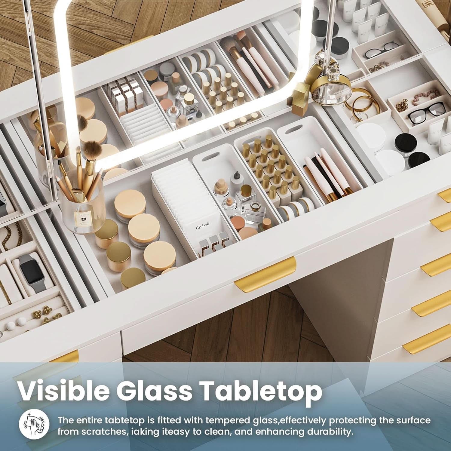 White Glass Top Vanity Desk With Integrated Lighting - mymaison