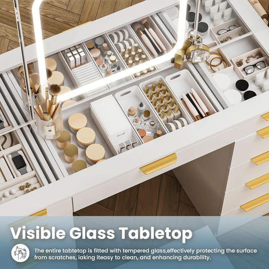 White Glass Top Vanity Desk With Integrated Lighting - mymaison