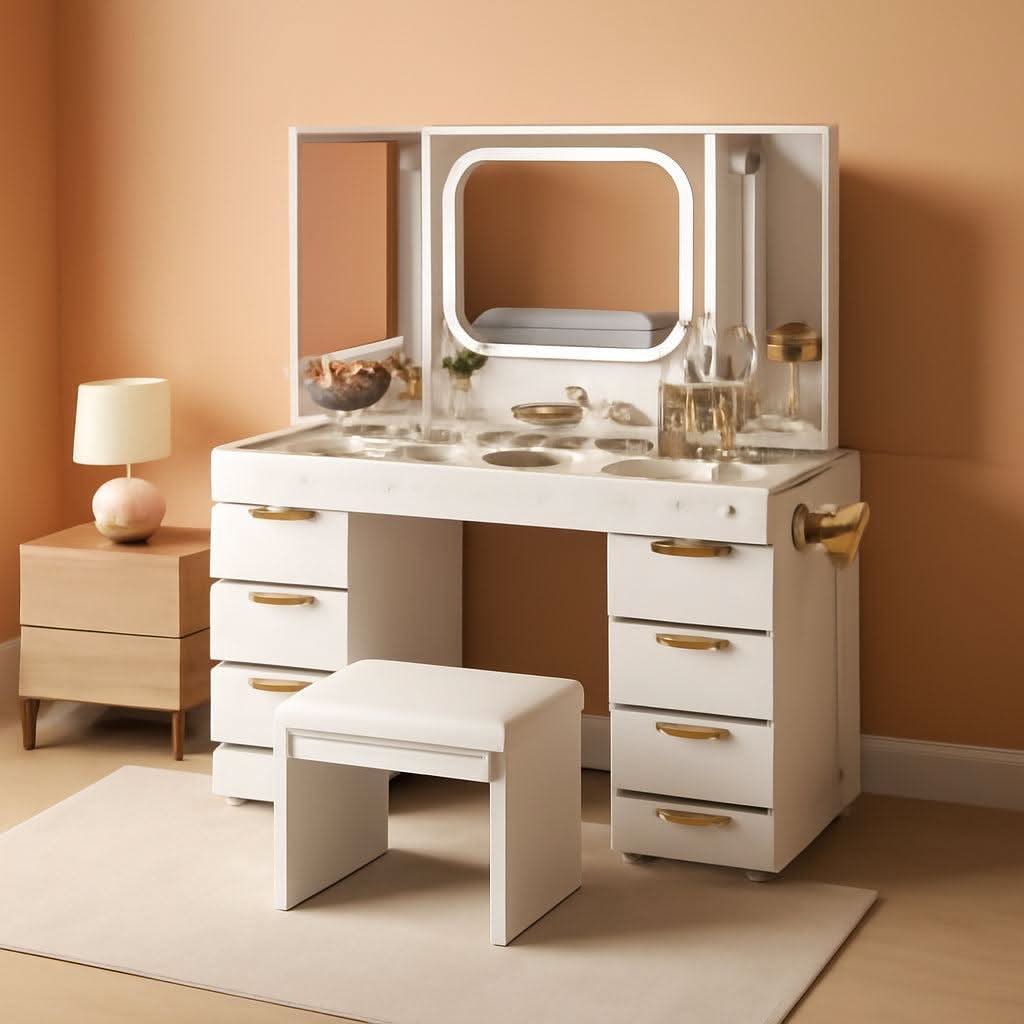 White Glass Top Vanity Desk With Integrated Lighting - mymaison