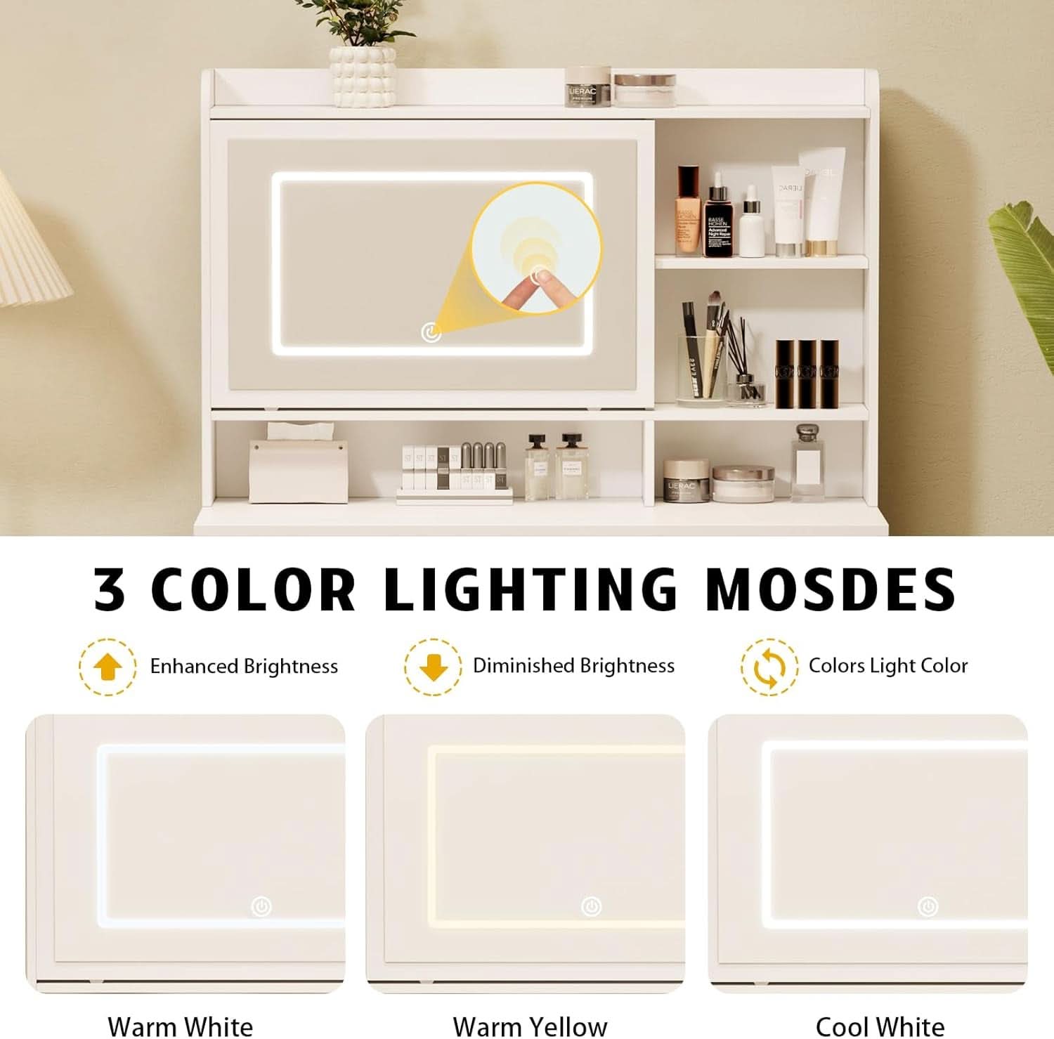 White Vanity Desk With Illuminated Mirror Lighting - mymaison
