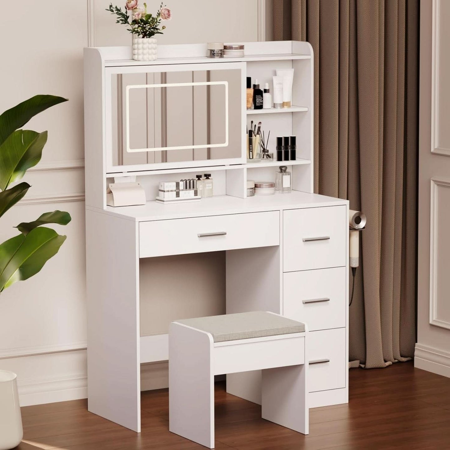 White Vanity Desk With Illuminated Mirror Lighting - mymaison