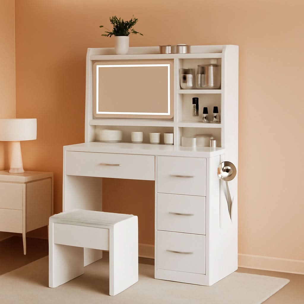 White Vanity Desk With Illuminated Mirror Lighting - mymaison