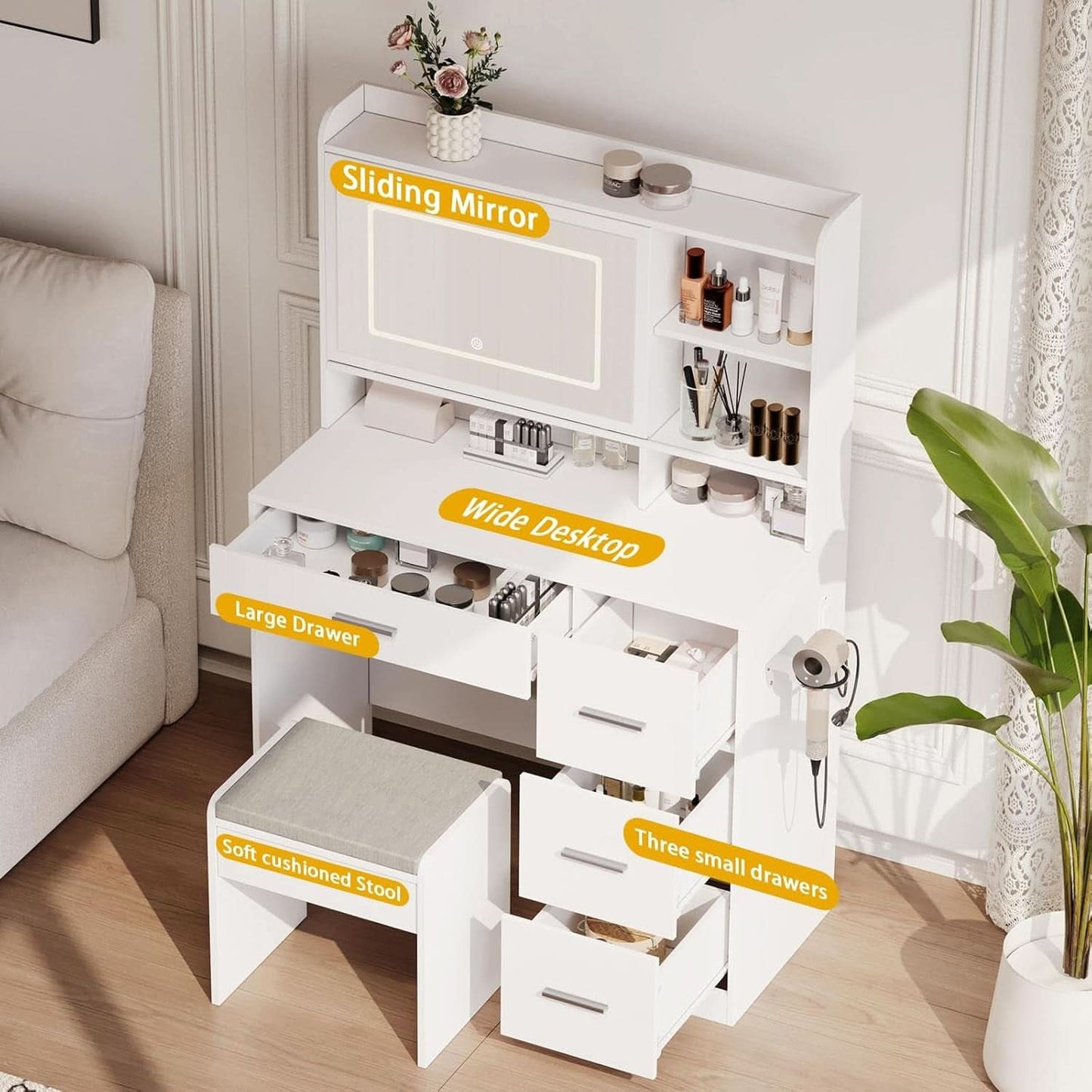 White Vanity Desk With Illuminated Mirror Lighting - mymaison