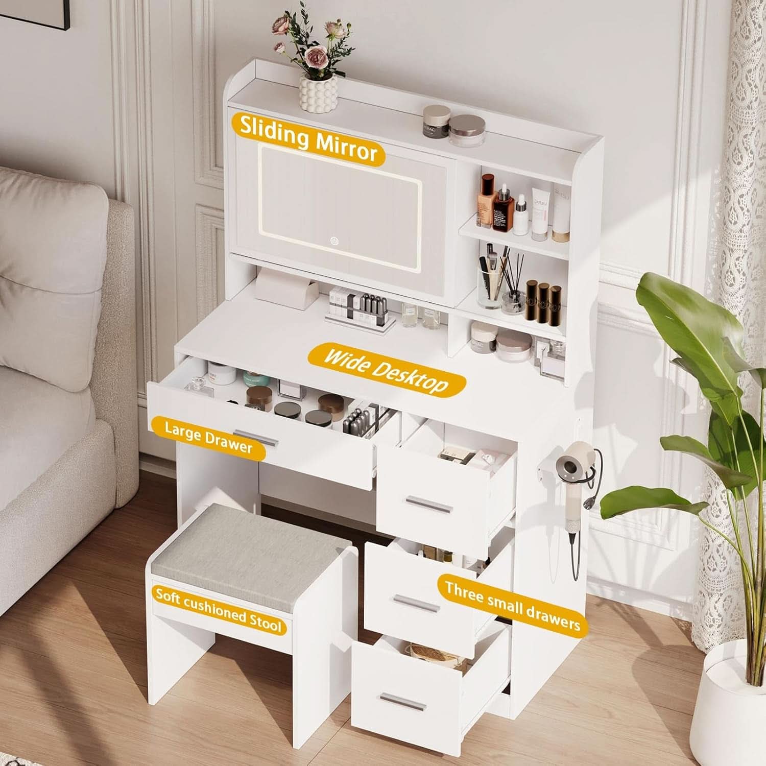 White Vanity Desk With Illuminated Mirror Lighting - mymaison