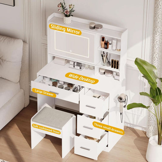 White Vanity Desk With Illuminated Mirror Lighting - mymaison